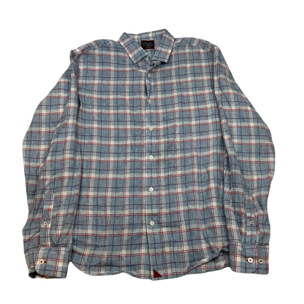 UNTUCKit Slim Fit Linen Shirt Mens‎ Large Blue Red Plaid Long Sleeve